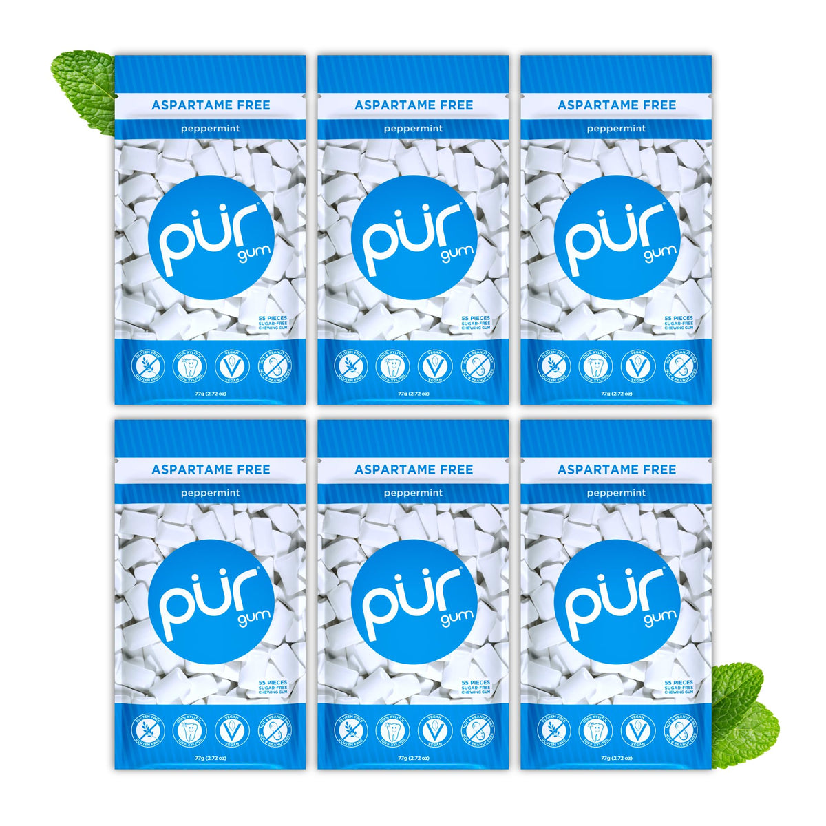 PUR Gum front packaging showing 6 resealable peppermint bags and benefits