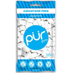 PUR Gum front packaging showing three 2.72 oz bags and peppermint branding benefits