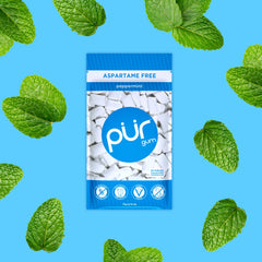 PUR Gum close-up of a single peppermint piece showing texture and shape