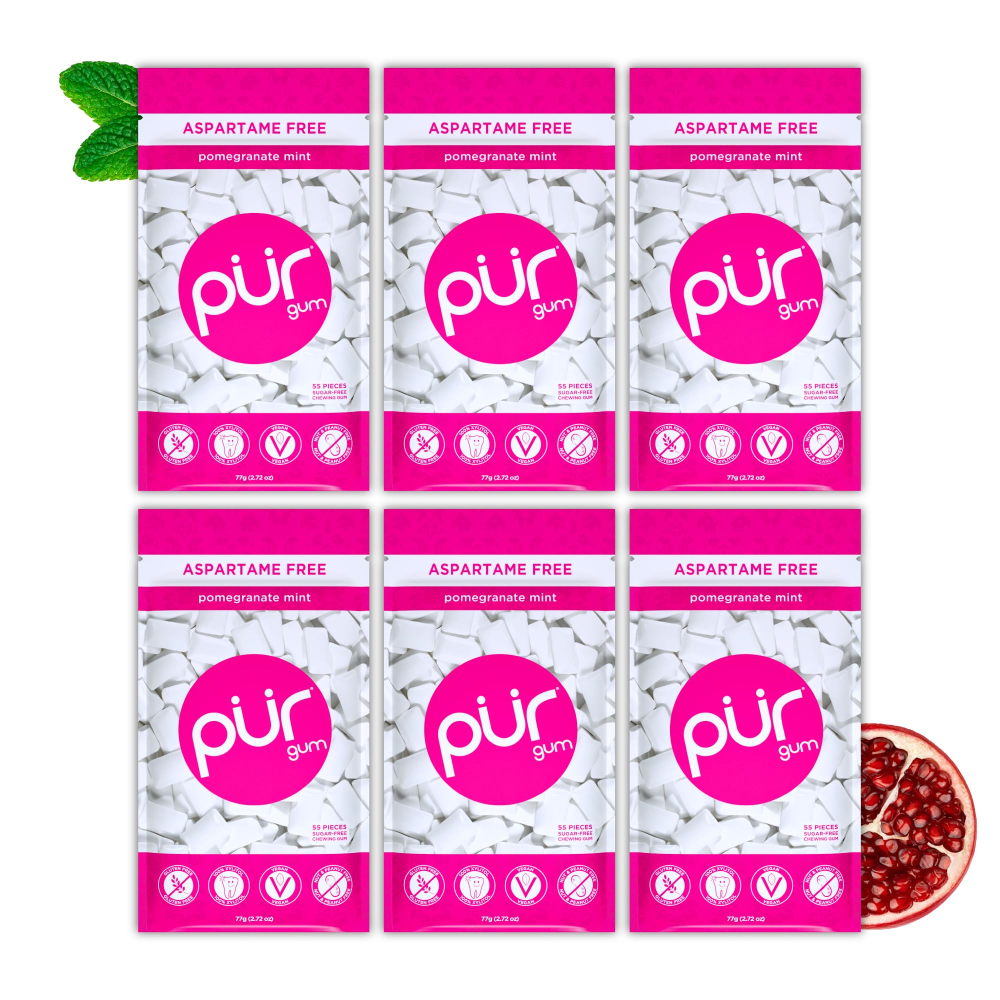 PUR Gum front packaging showing pomegranate mint resealable bags and quantity benefits