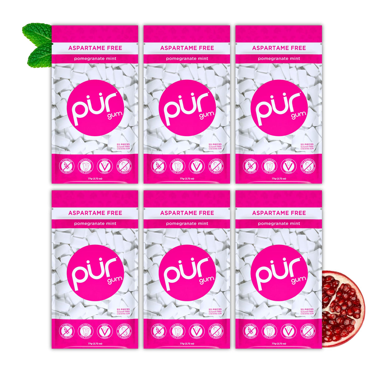 PUR Gum front packaging showing pomegranate mint resealable bags and quantity benefits