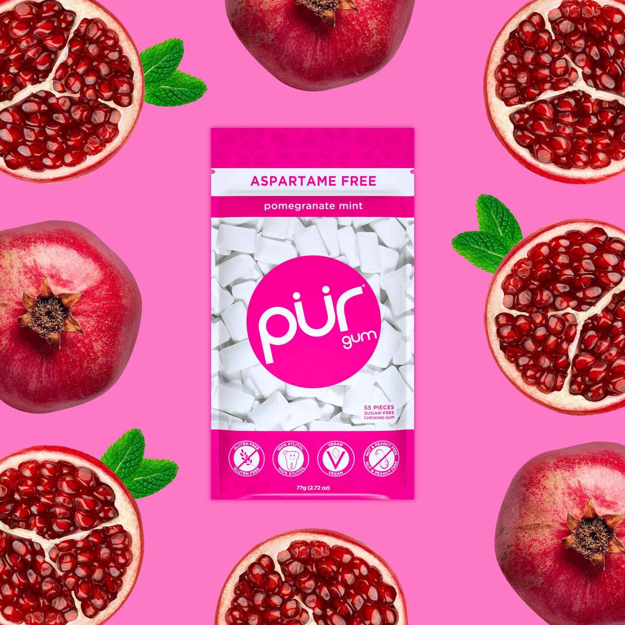 PUR Gum close-up of a single piece highlighting texture and flavorful coating