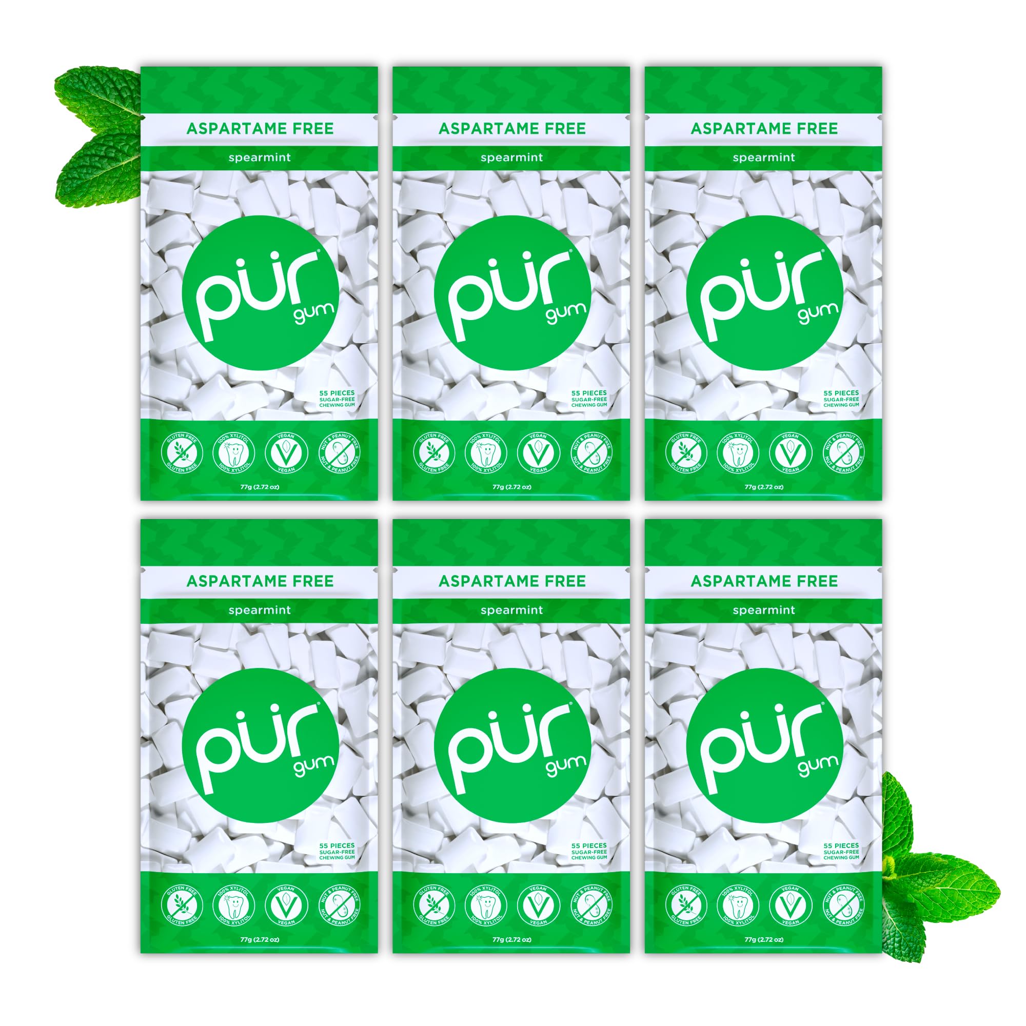 PUR Gum spearmint front of bag shows branding and count for convenient storage