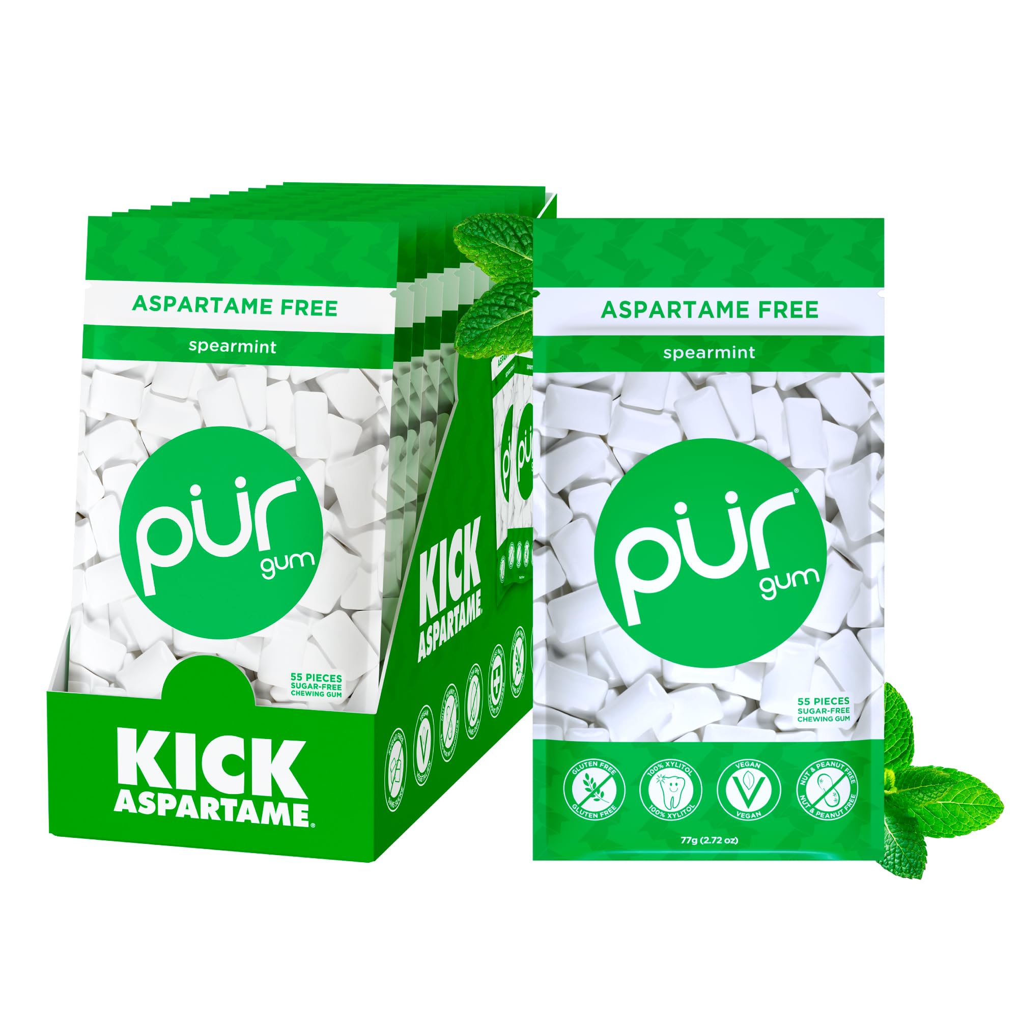 PUR Gum front packaging showing spearmint flavor and resealable bag benefit