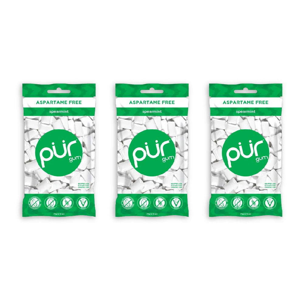 PUR Gum front packaging showing three 55-count packs and clear labeling benefit convenience