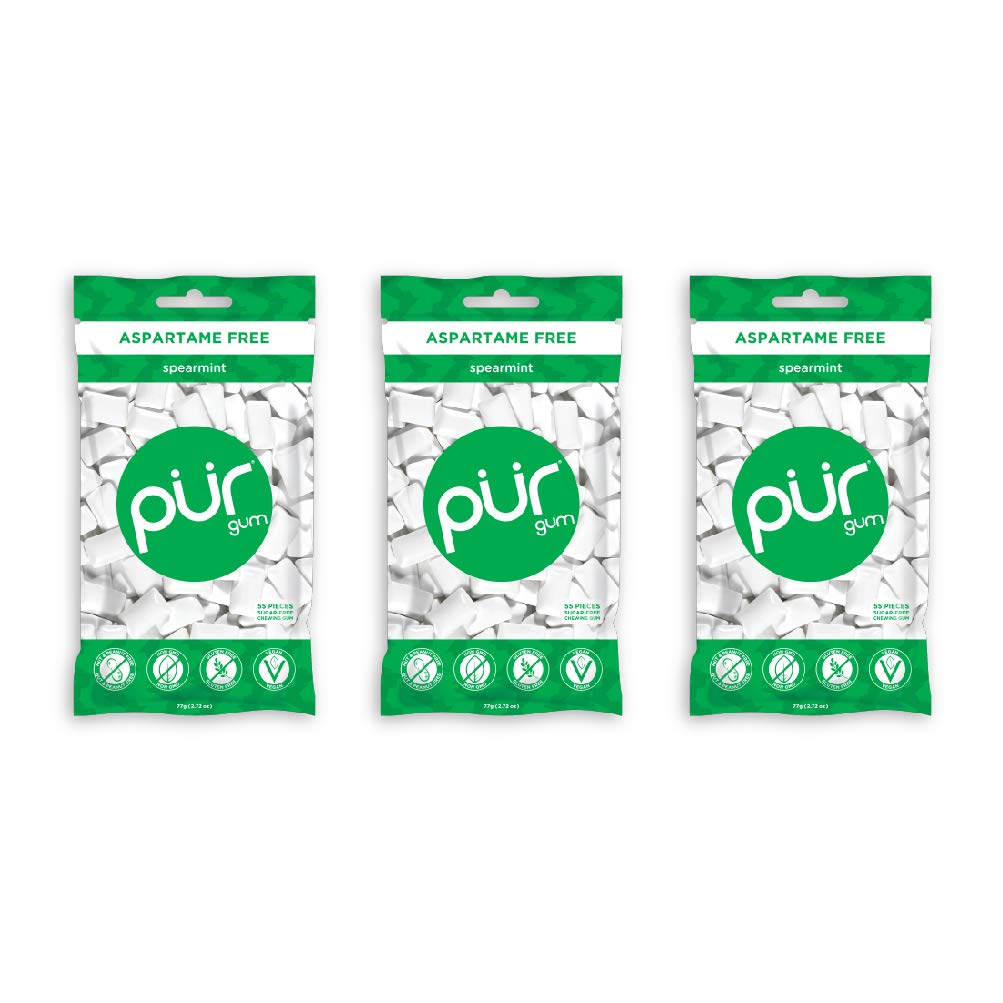 PUR Gum front packaging showing three 55-count packs and clear labeling benefit convenience