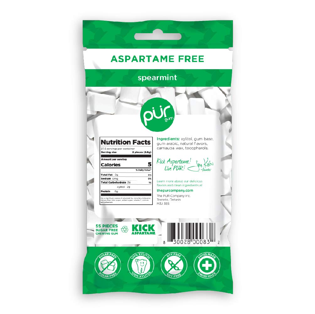 Open pack of PUR Gum spearmint displaying multiple pieces for easy sharing