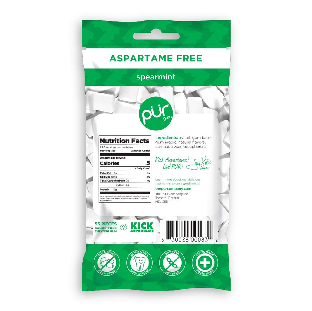 Open pack of PUR Gum spearmint displaying multiple pieces for easy sharing