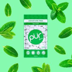 PUR Gum spearmint single piece close-up showing smooth coating and mint appeal