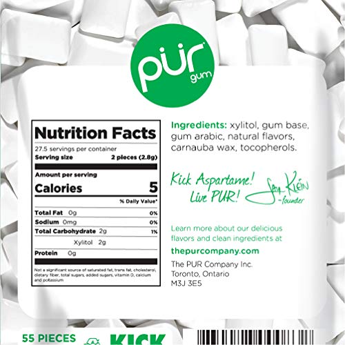 PUR Gum next to a coin illustrating compact 55-count pack size and portability