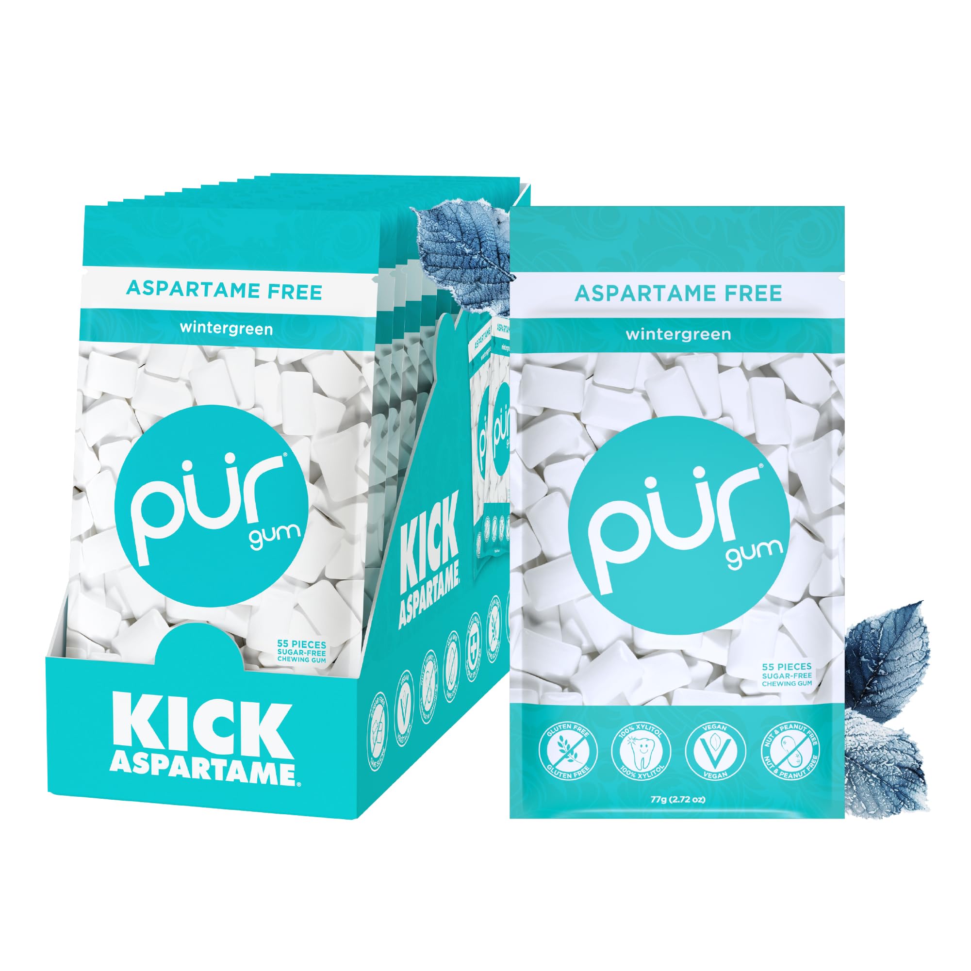 PUR Gum front packaging showing resealable pouch and wintergreen benefit