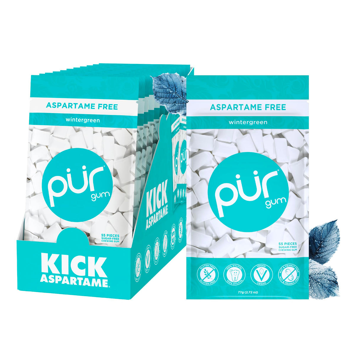 PUR Gum front packaging showing resealable pouch and wintergreen benefit