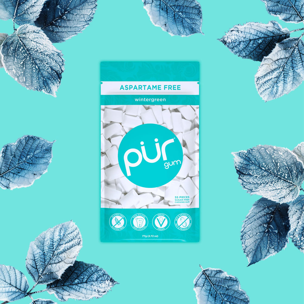 PUR Gum open pouch with 55 pieces demonstrating portion convenience benefit