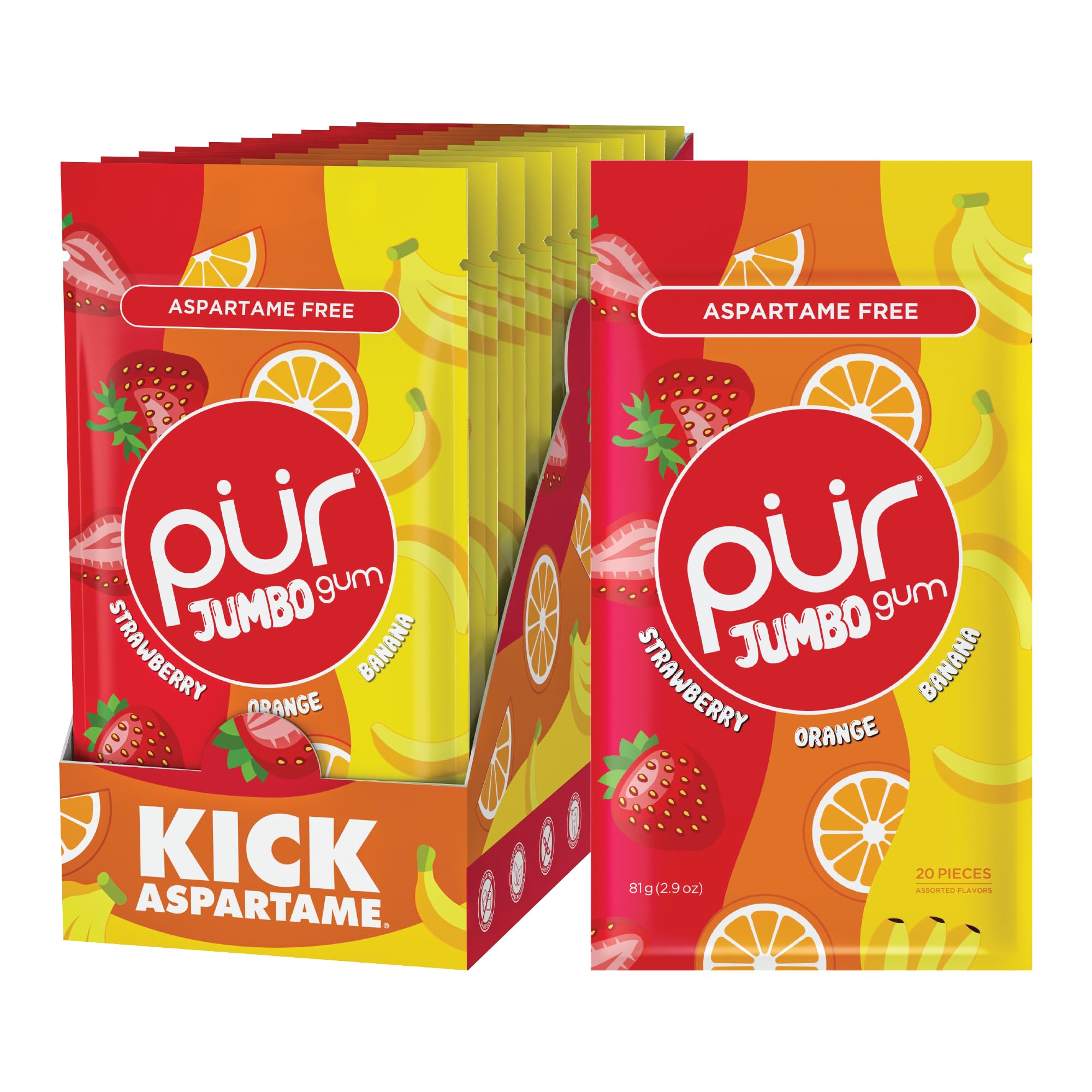 PUR gum front packaging showing resealable bag and colorful fruit branding for quick grab