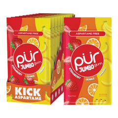 PUR gum front packaging showing resealable bag and colorful fruit branding for quick grab