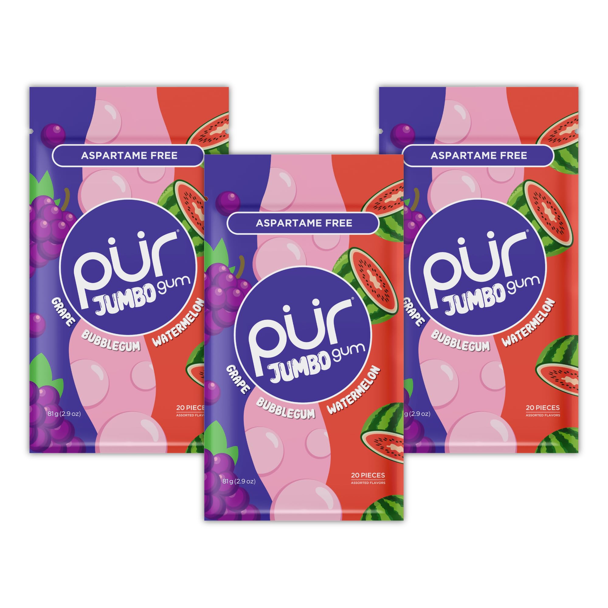PUR Jumbo Gum front packaging showing three resealable bags and bold branding for convenient freshness