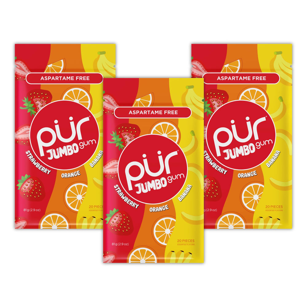 PUR Jumbo Gum front packaging showing three resealable bags and vibrant fruit art for easy selection