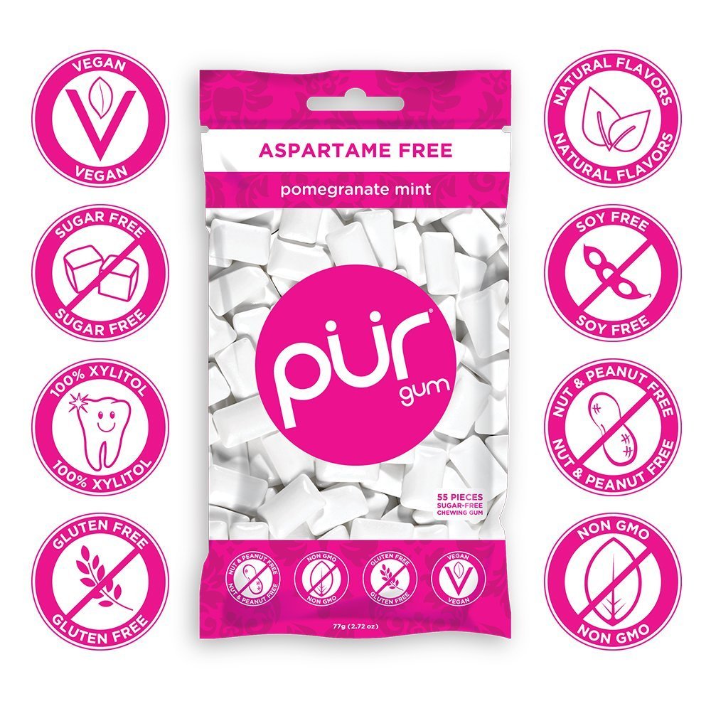 PUR gum close-up of piece texture highlighting xylitol sweetness and chew longevity