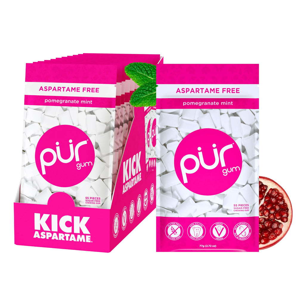 PUR Gum front packaging showing pomegranate mint flavor and resealable bag benefit