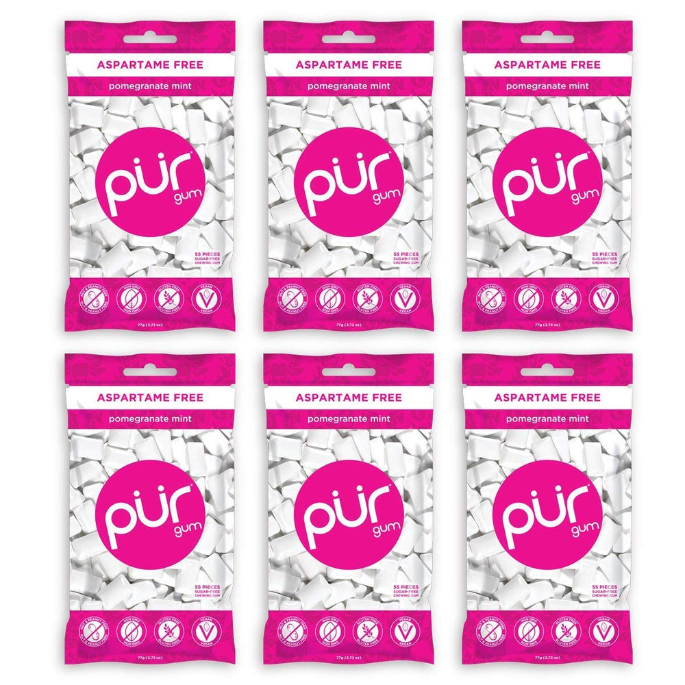 PUR gum front bag showing pomegranate mint flavor and resealable pack benefit