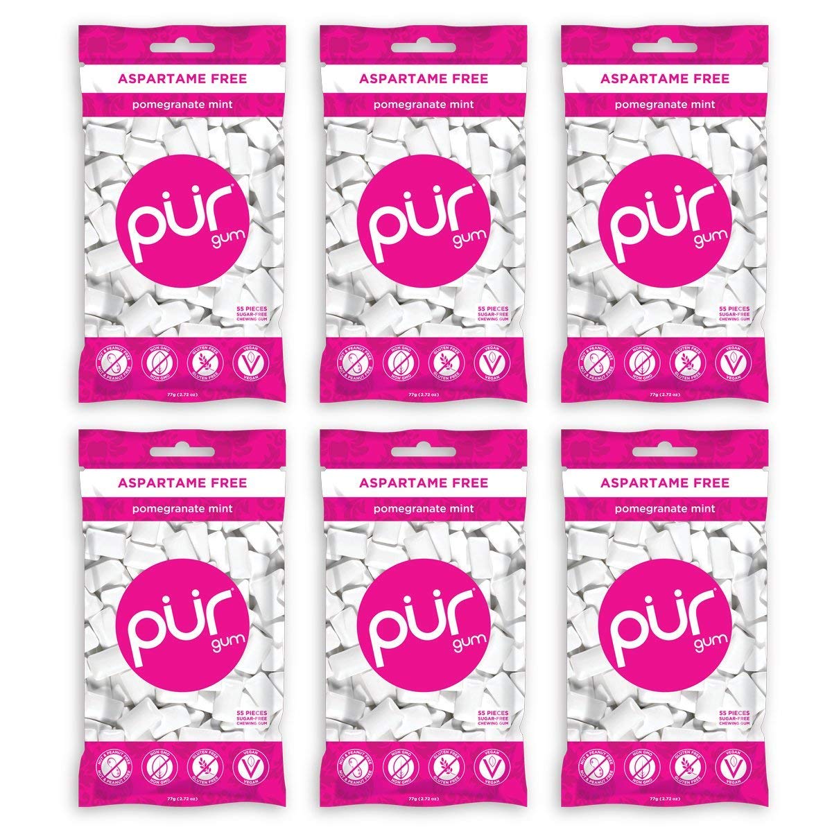 PUR gum front bag showing pomegranate mint flavor and resealable pack benefit