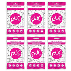 PUR gum front bag showing pomegranate mint flavor and resealable pack benefit
