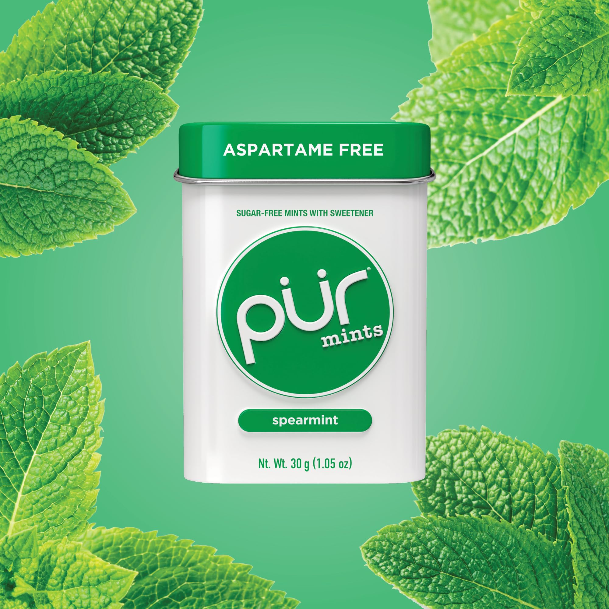 PUR brand close-up of mint texture showing smooth surface and spearmint look