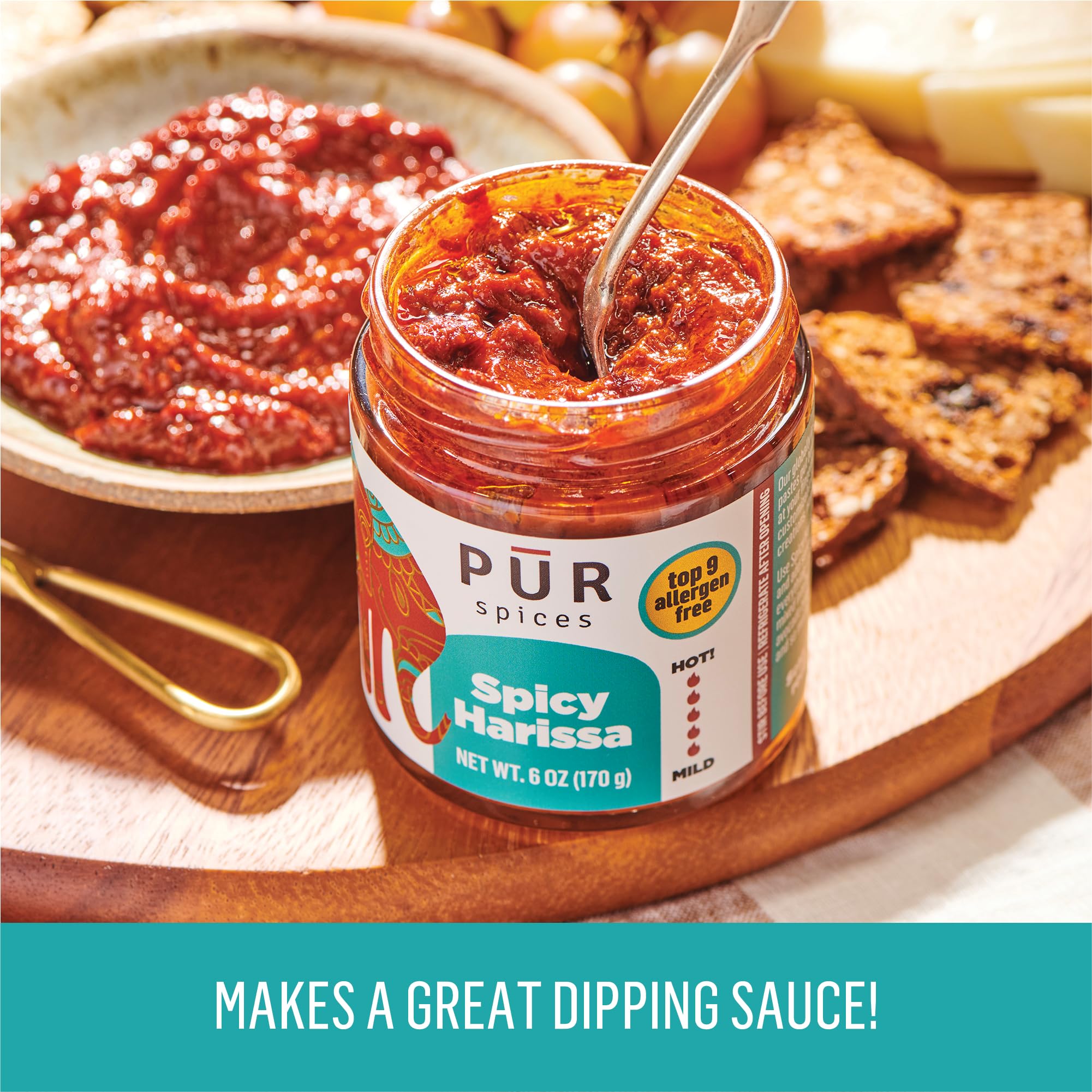 PUR Spices swirled into hummus for creamy, spicy dip enhancement