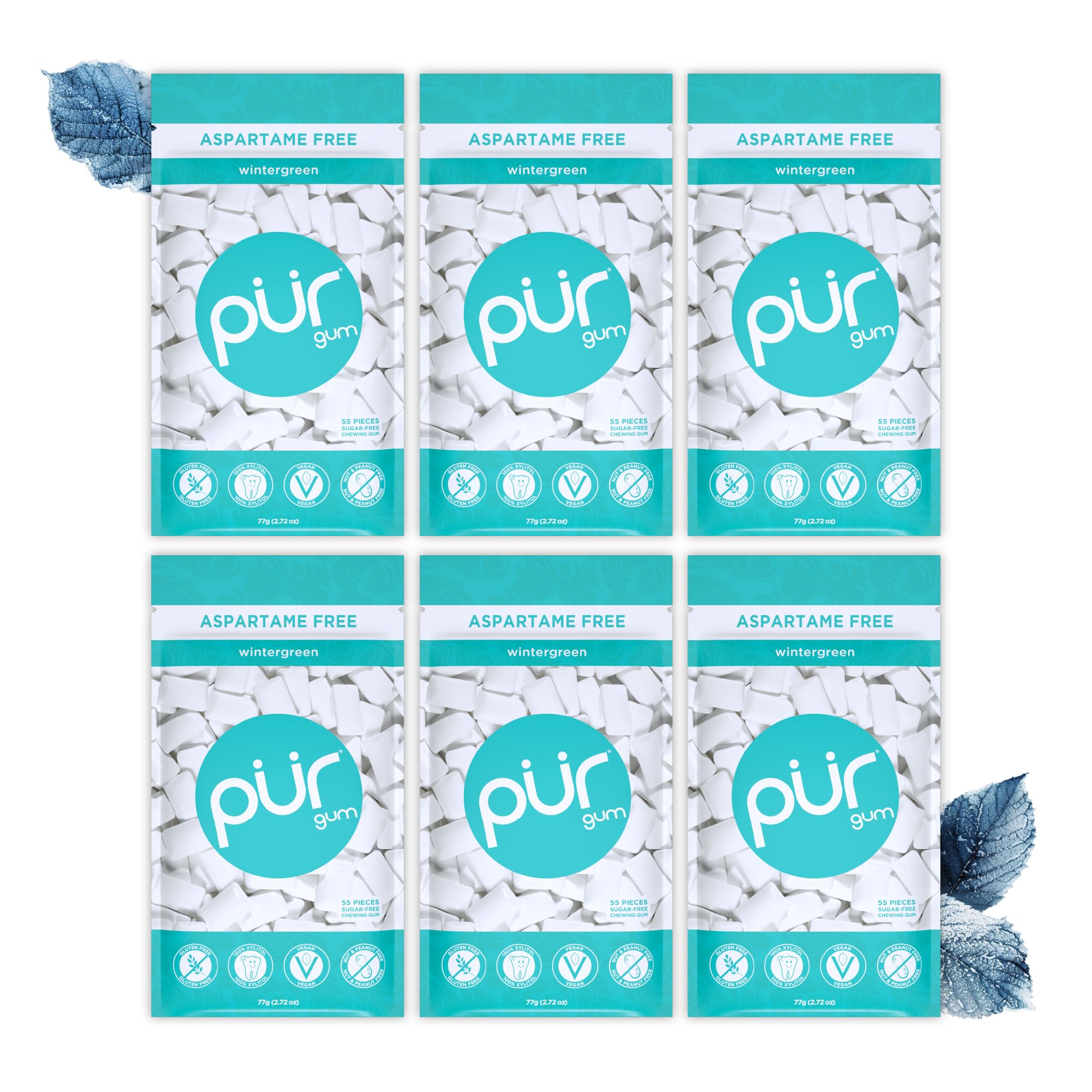PUR Gum front packaging showing wintergreen bags and count for convenient freshness