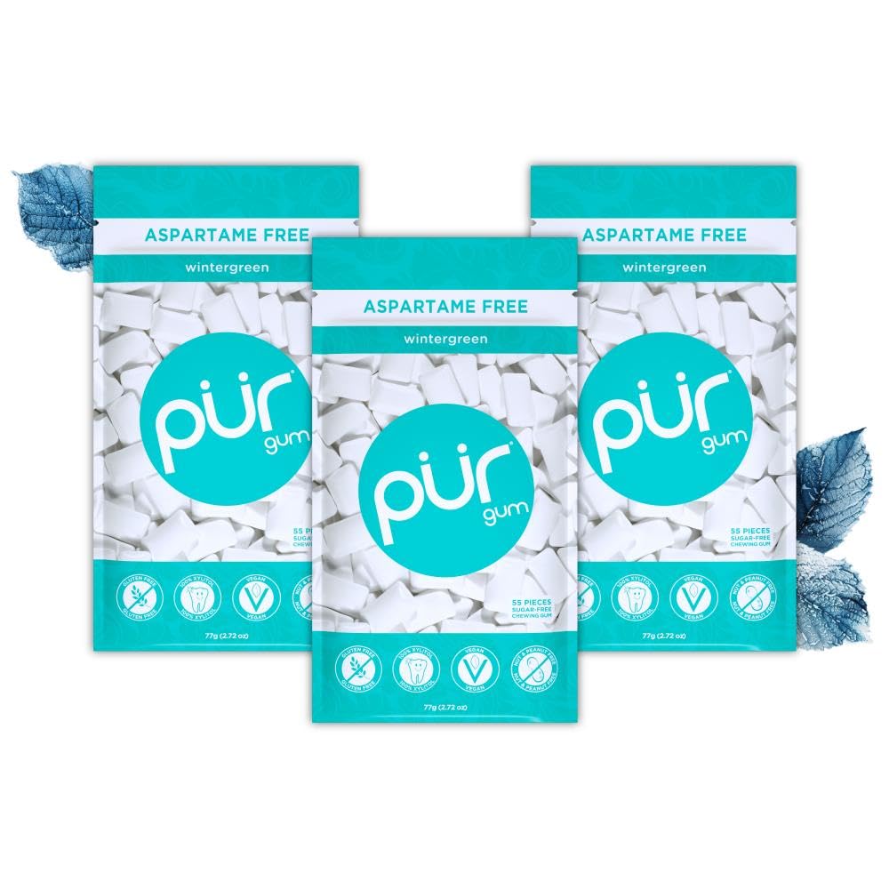 PUR Gum front packaging showing wintergreen bags and resealable benefit