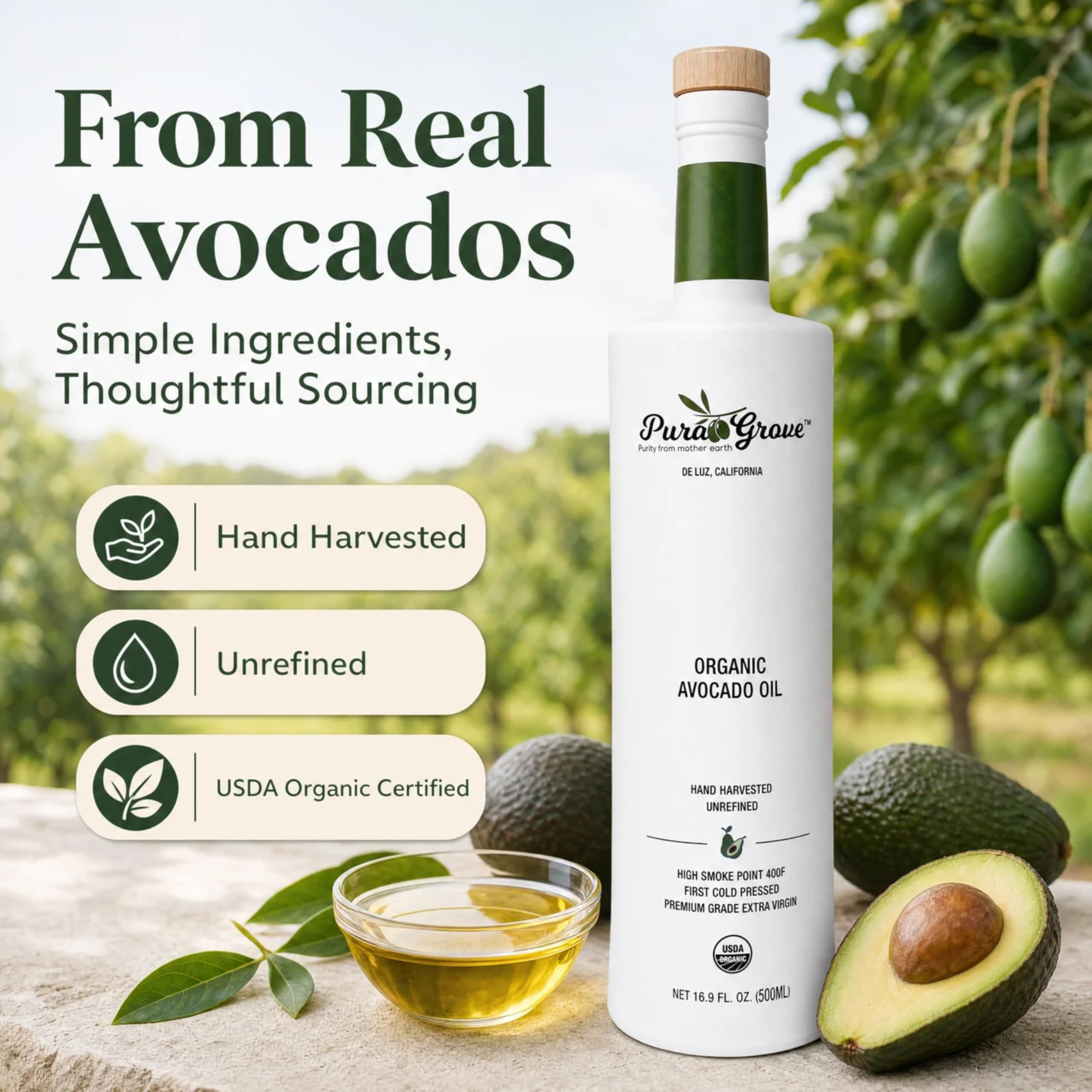 Pura Grove back label close-up displaying ingredient and certification details for trust