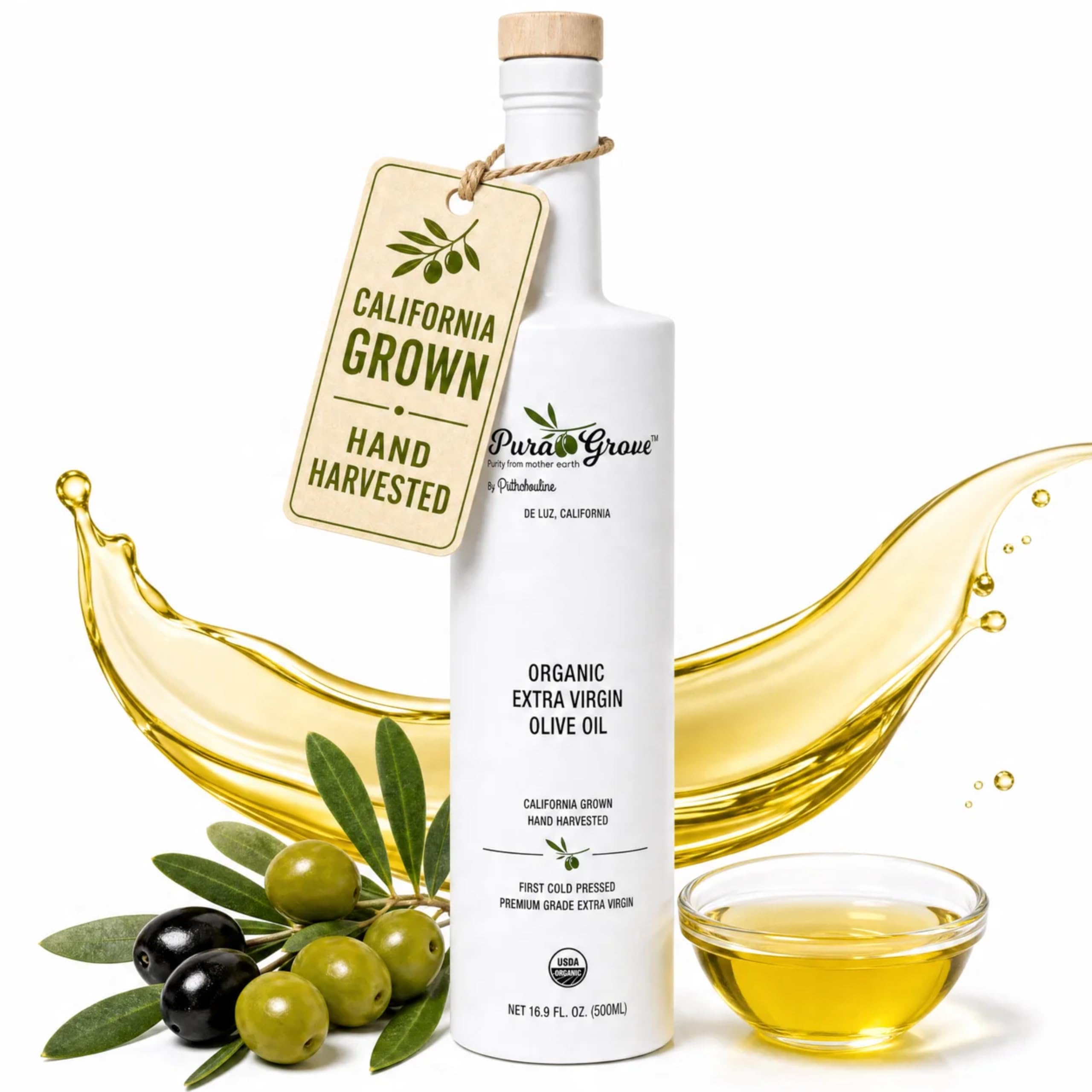 Pura Grove front bottle view showing premium finishing EVOO and organic label benefit