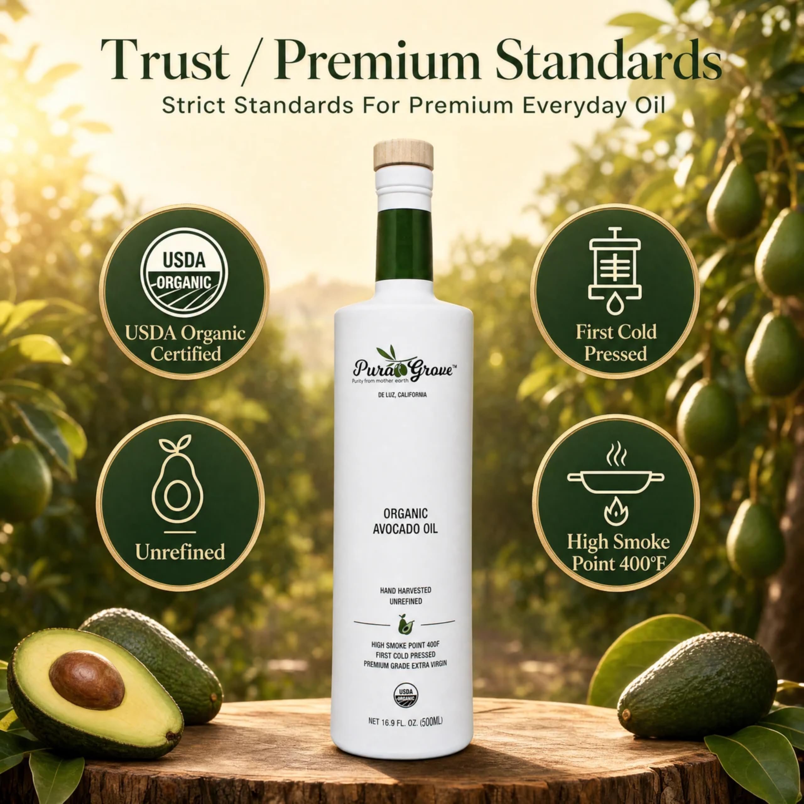 Pura Grove bottle beside fresh avocado highlighting real California avocado sourcing