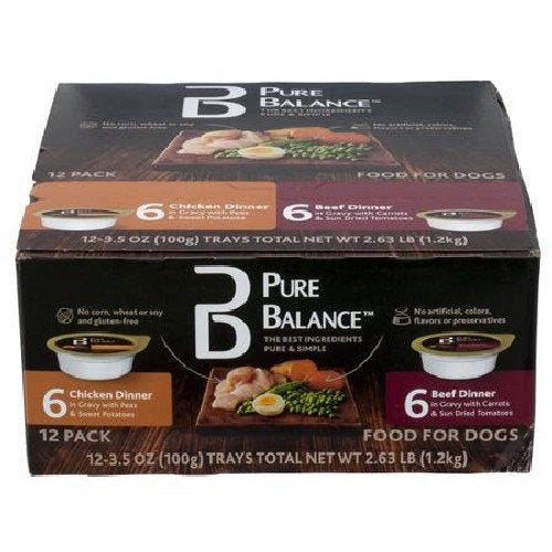 Pure Balance front packaging showing chicken and beef cans, clear ingredient visibility benefit