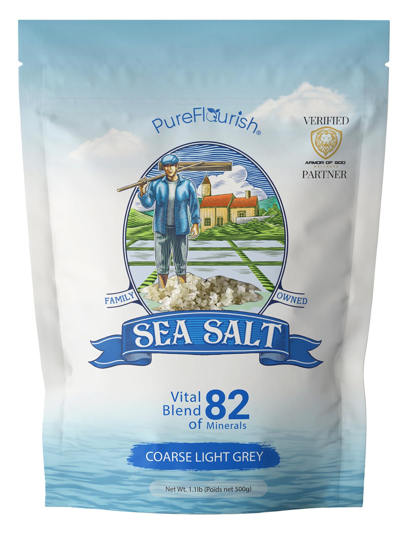 Pure Flourish front packaging showing coarse French sea salt and clear weight benefits