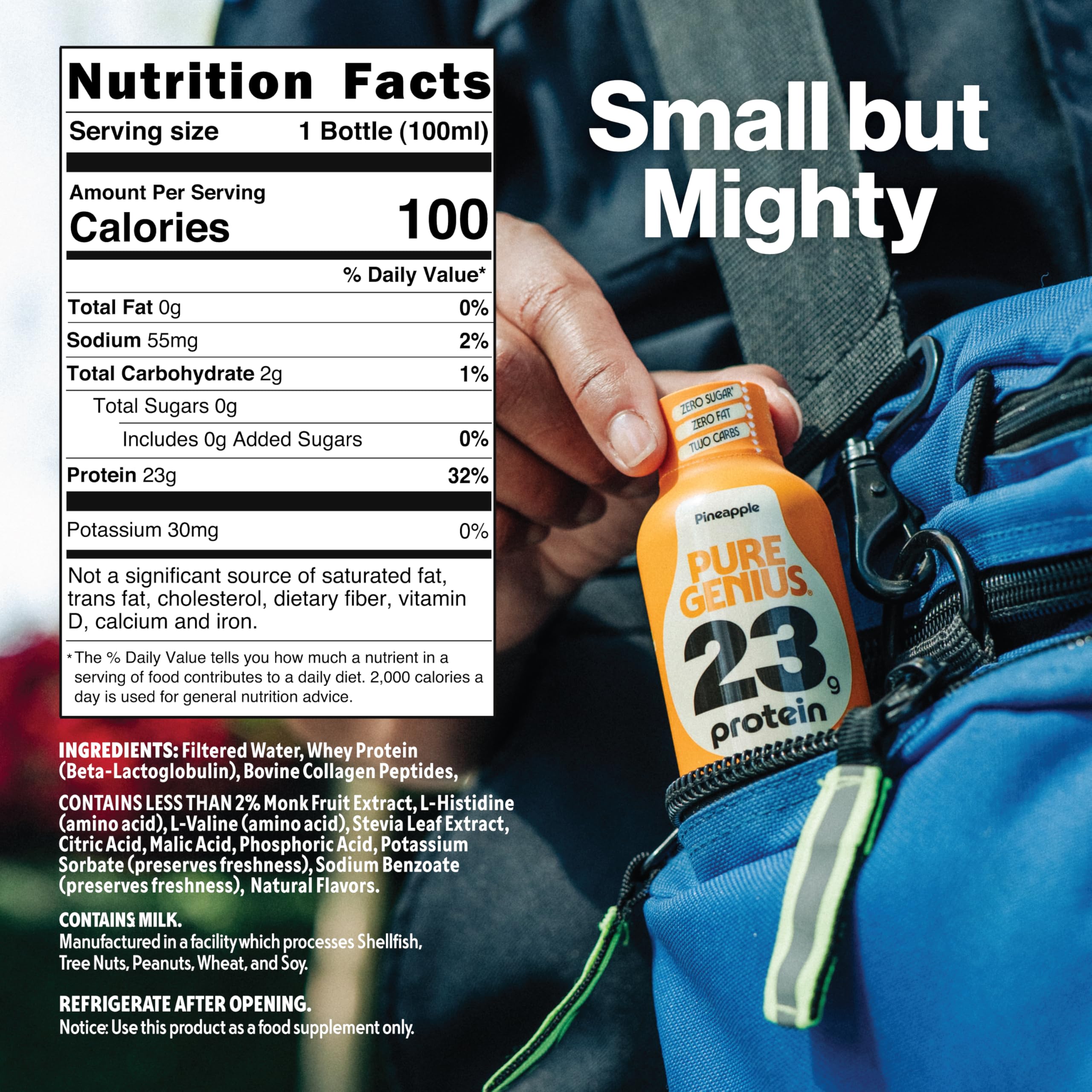 Pure Genius product label showing protein content and clean ingredients