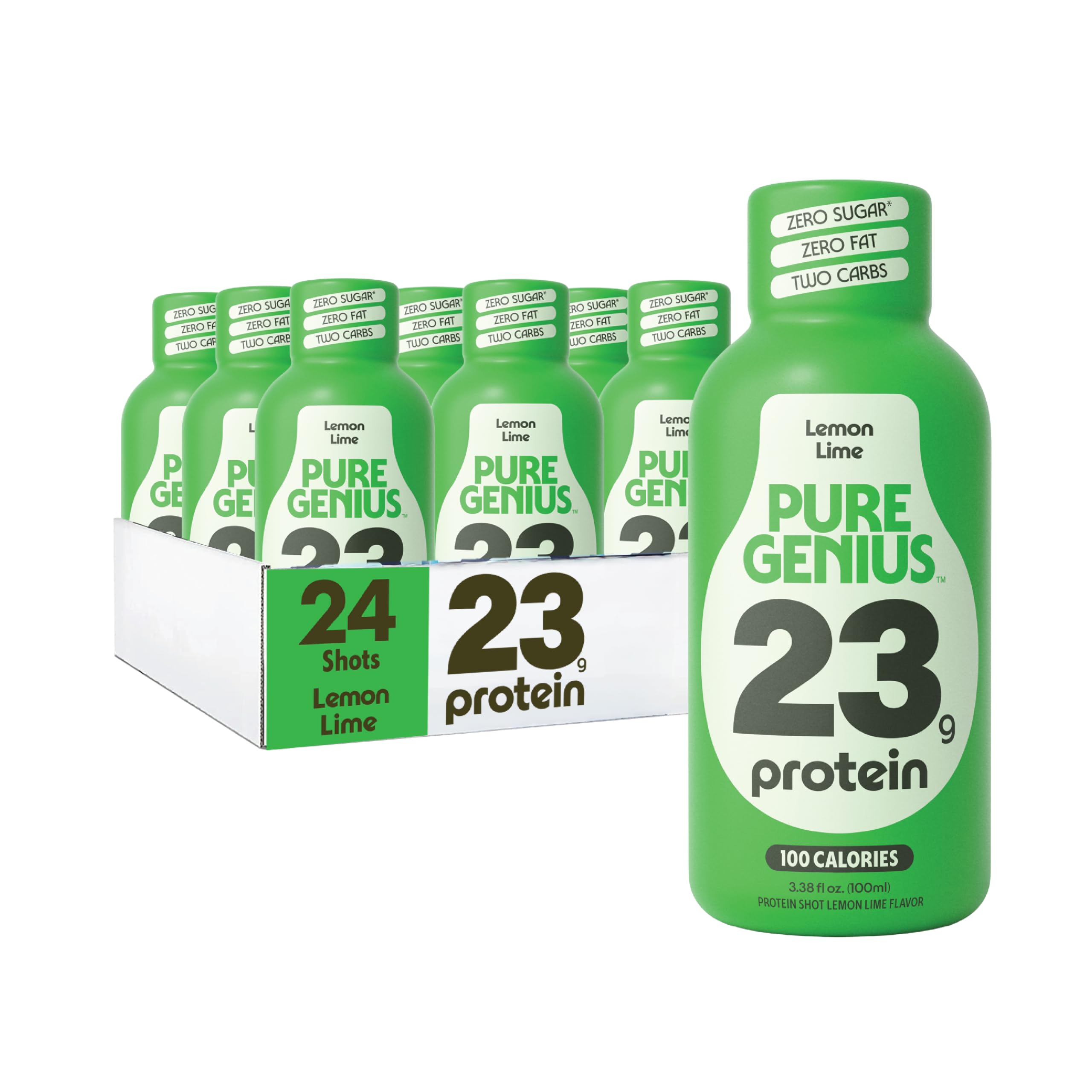 Pure Genius lemon lime front packaging shows bottle and branding, easy grab-and-go protein