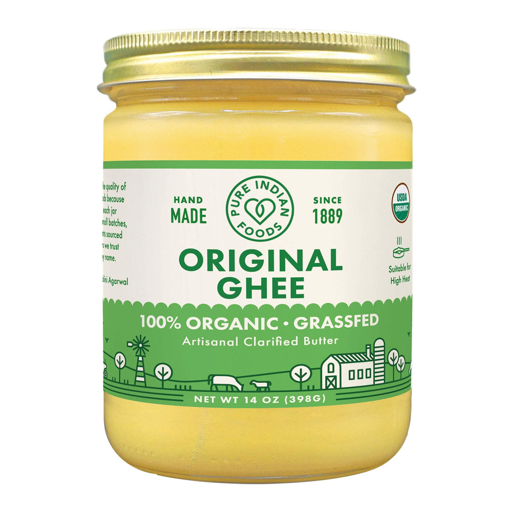 Pure Indian Foods front jar showing branding and 14 ounce size, highlights organic quality
