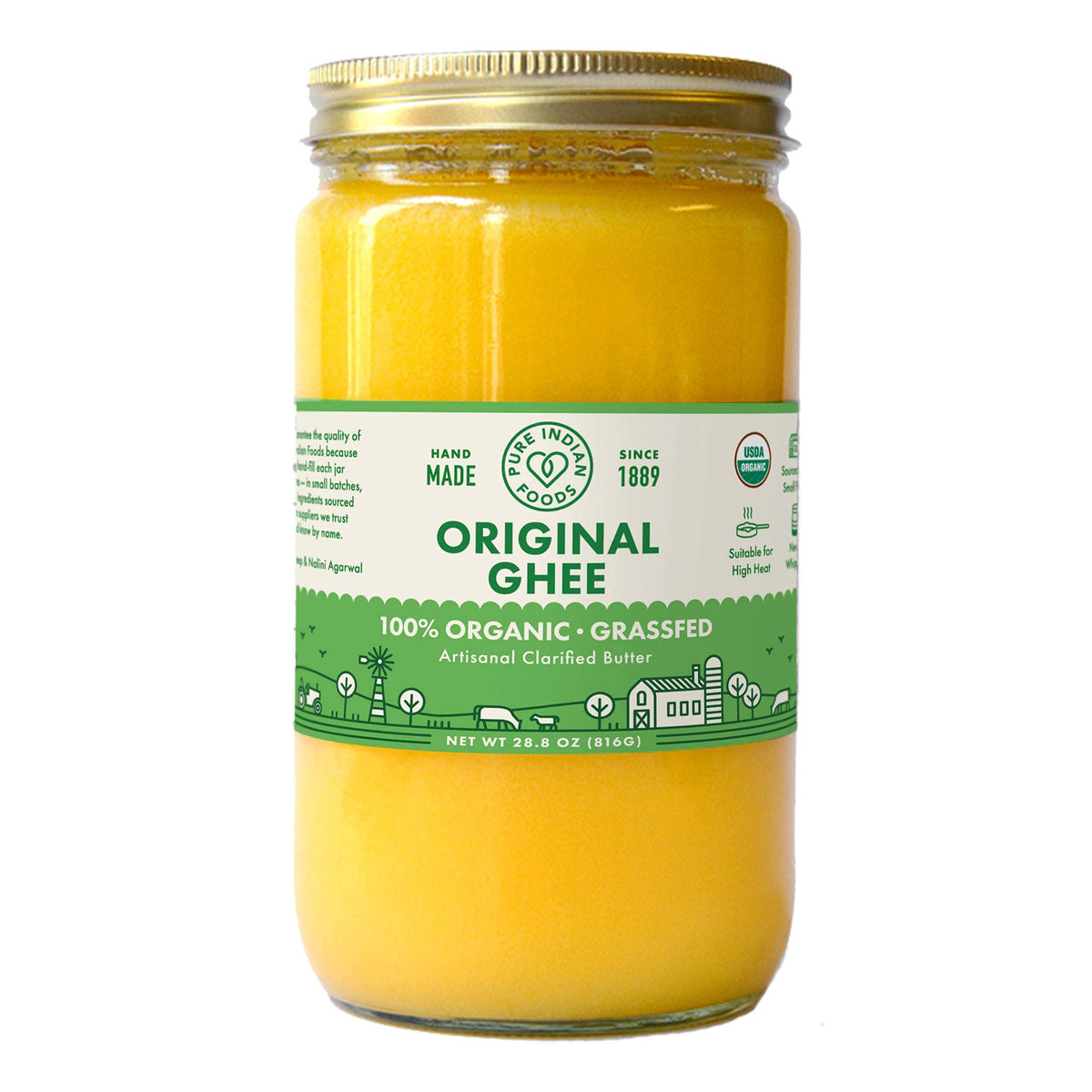 Pure Indian Foods front jar view showing organic grassfed ghee benefit convenience