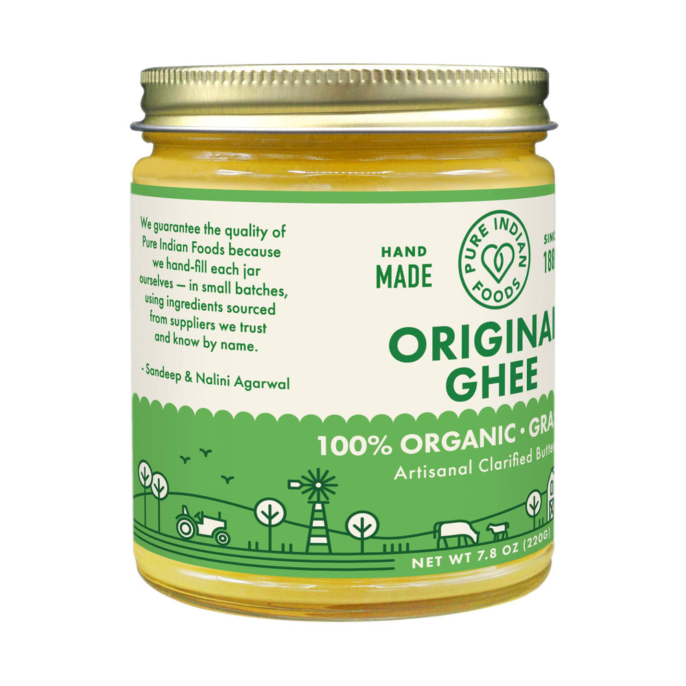 Pure Indian Foods glass jar label close-up showing organic certification