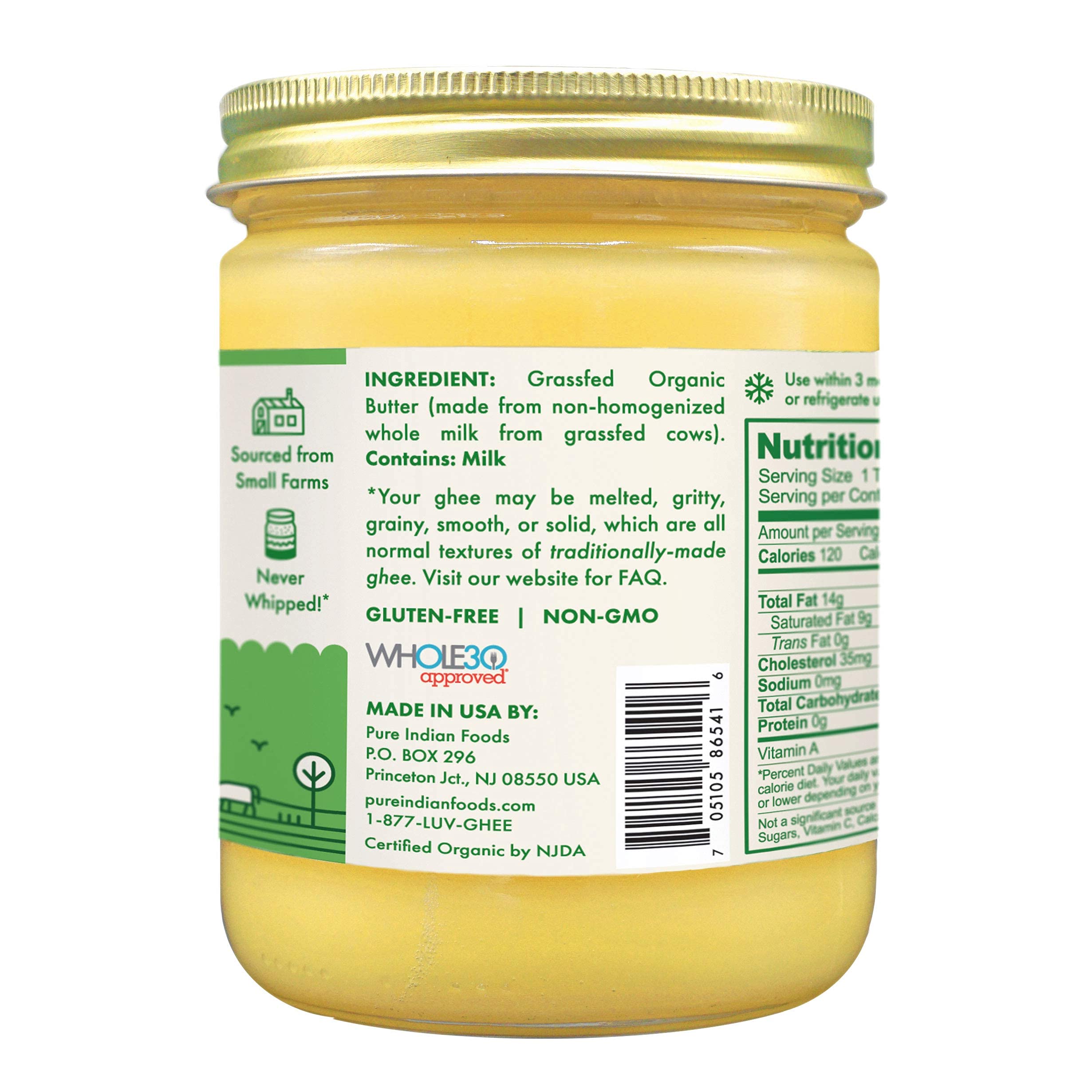 Pure Indian Foods open jar top view revealing golden ghee, conveys freshness and purity