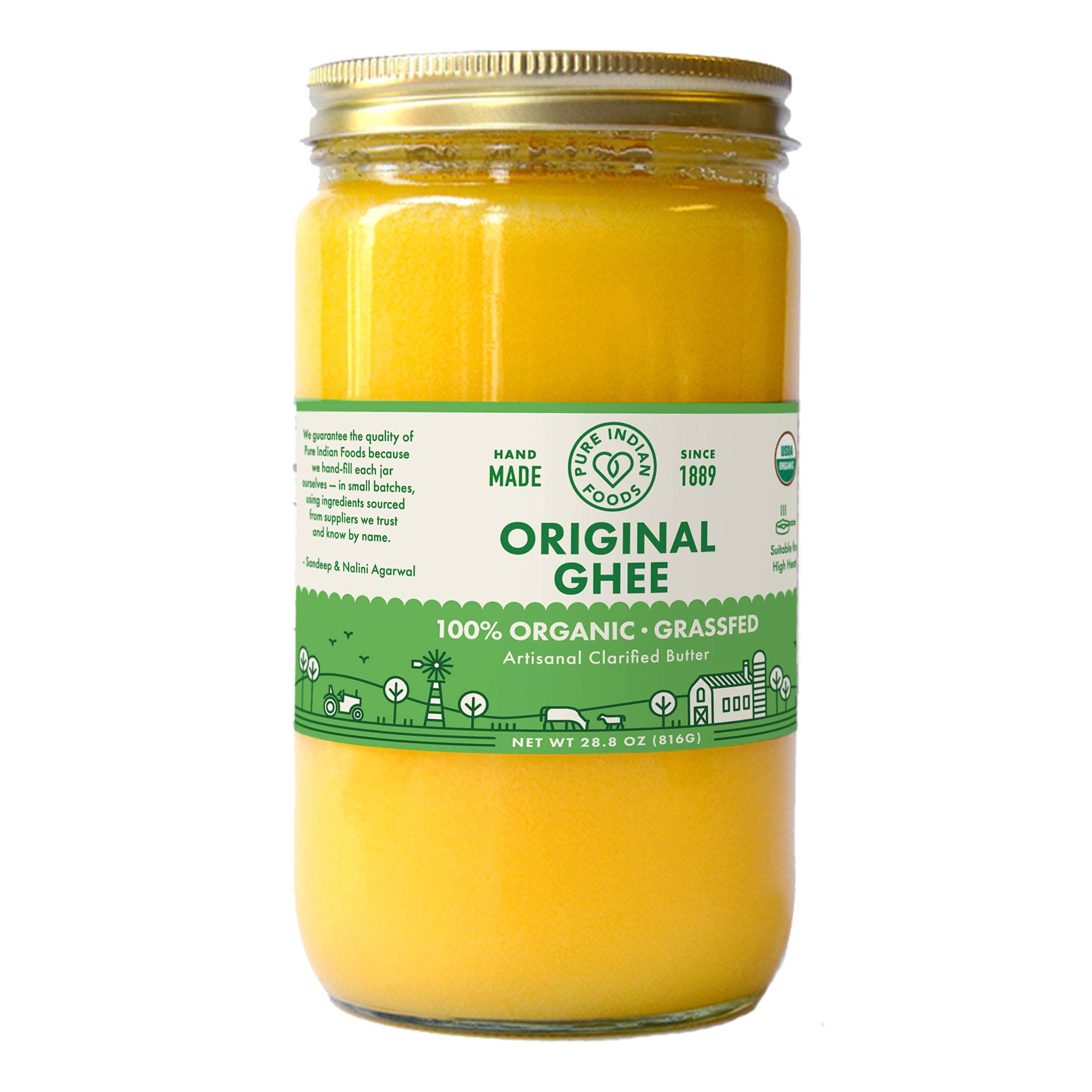 Pure Indian Foods ghee in skillet browning food showing high-heat cooking benefit
