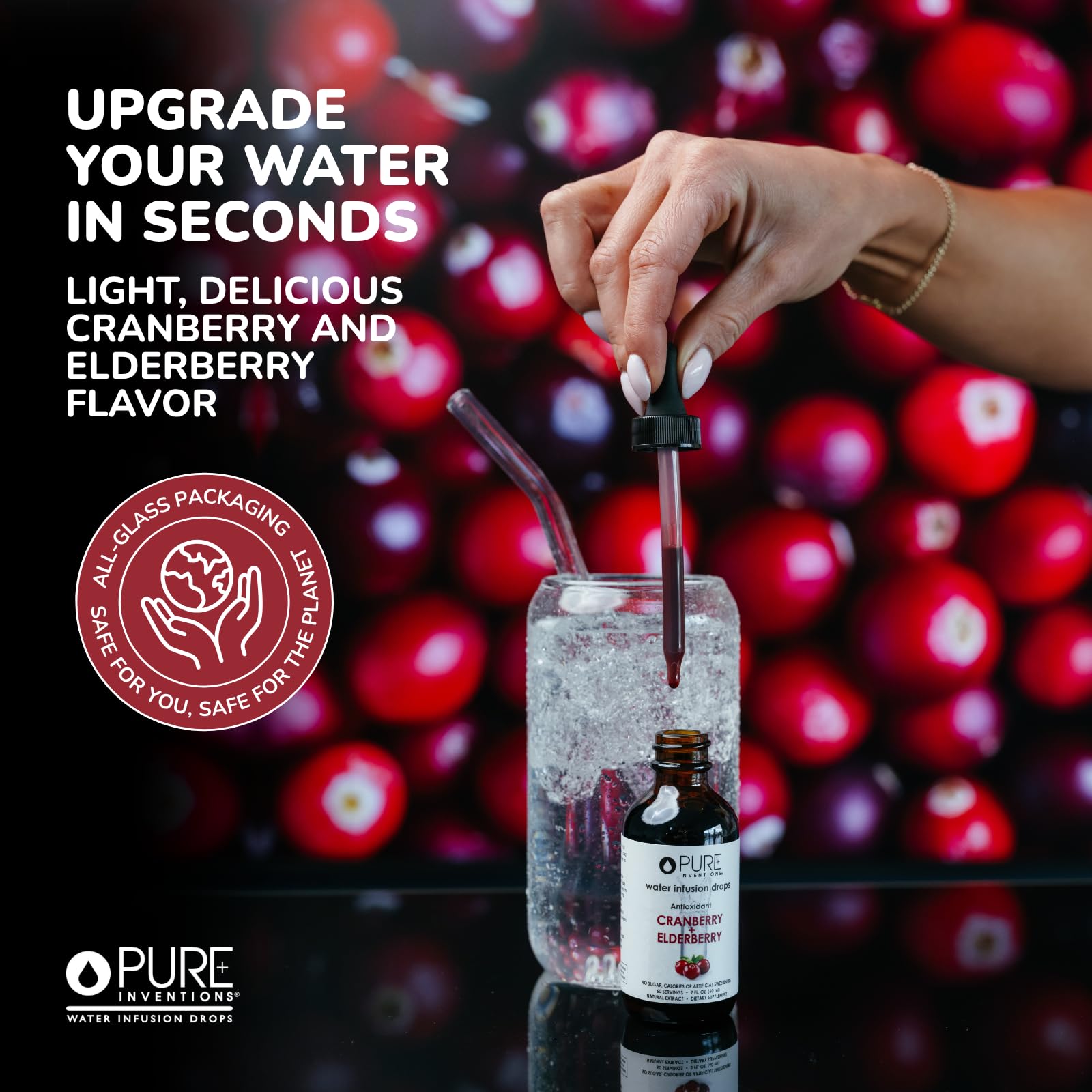 Pure Inventions bottle next to label that notes 60 servings and zero sugar