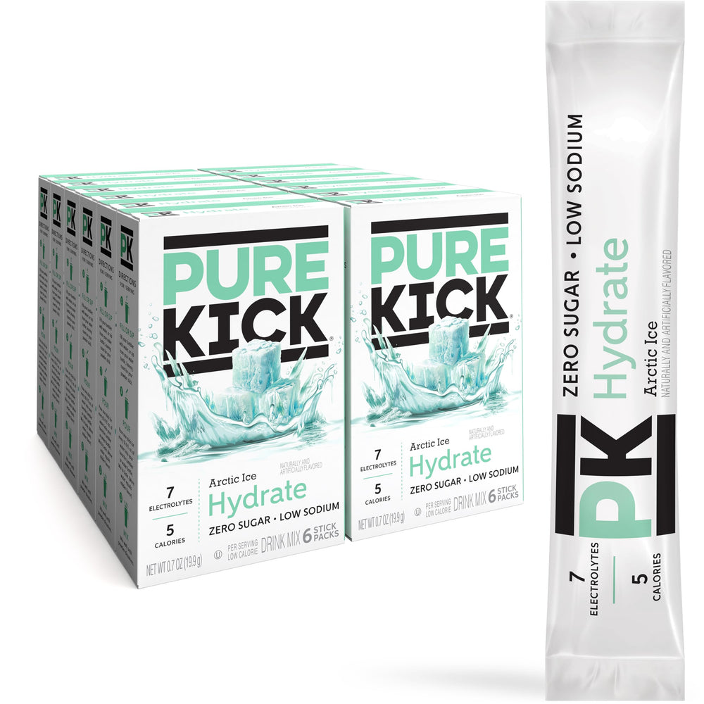 PURE KICK front packaging showing Arctic Ice 72 packets, convenient storage benefit