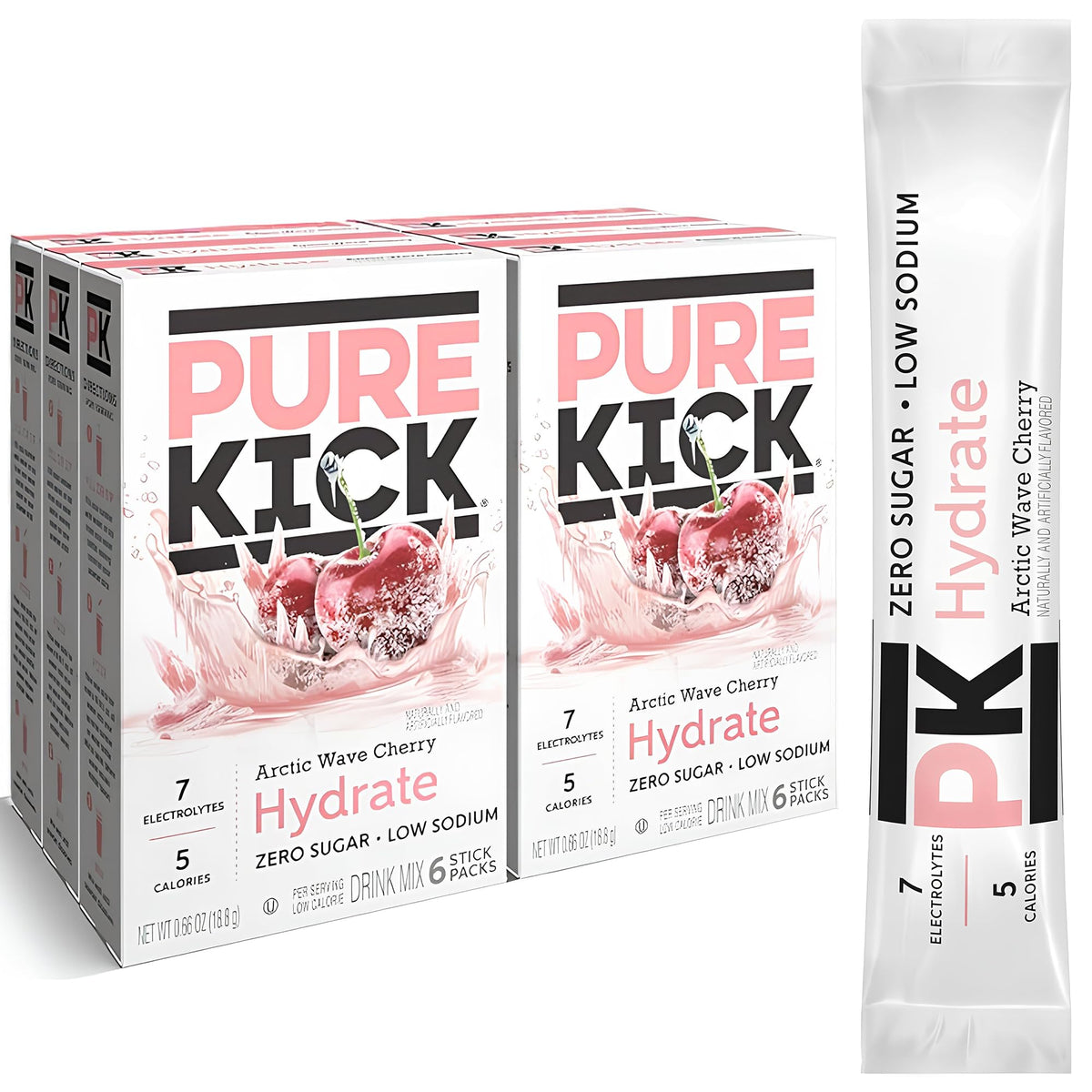 PURE KICK front pack showing six boxes and single-serve sticks for convenient hydration