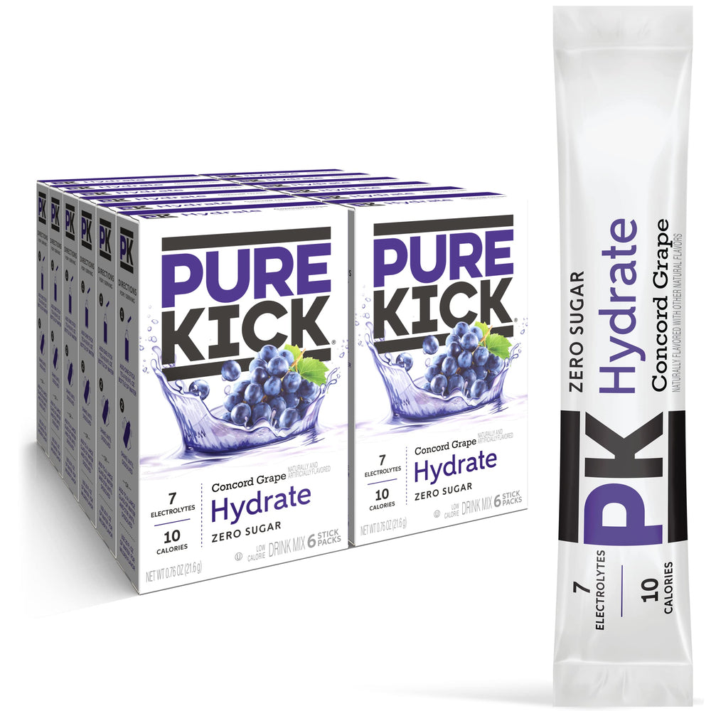 PURE KICK front packaging showing 72-packet case and Concord Grape benefit convenience