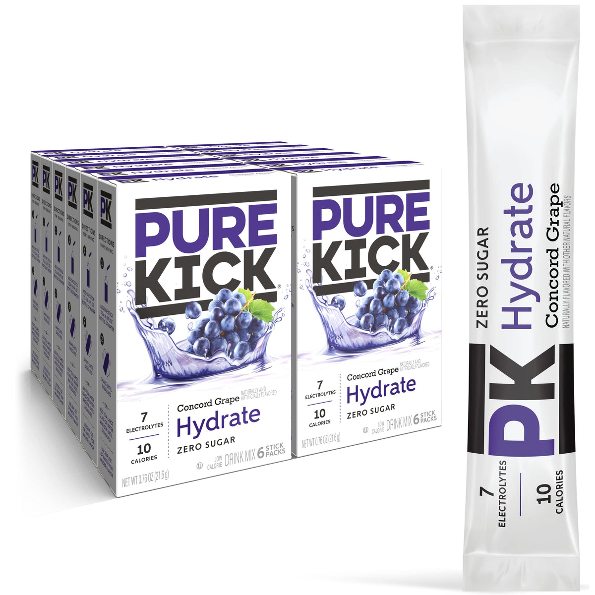 PURE KICK front packaging showing 72-packet case and Concord Grape benefit convenience