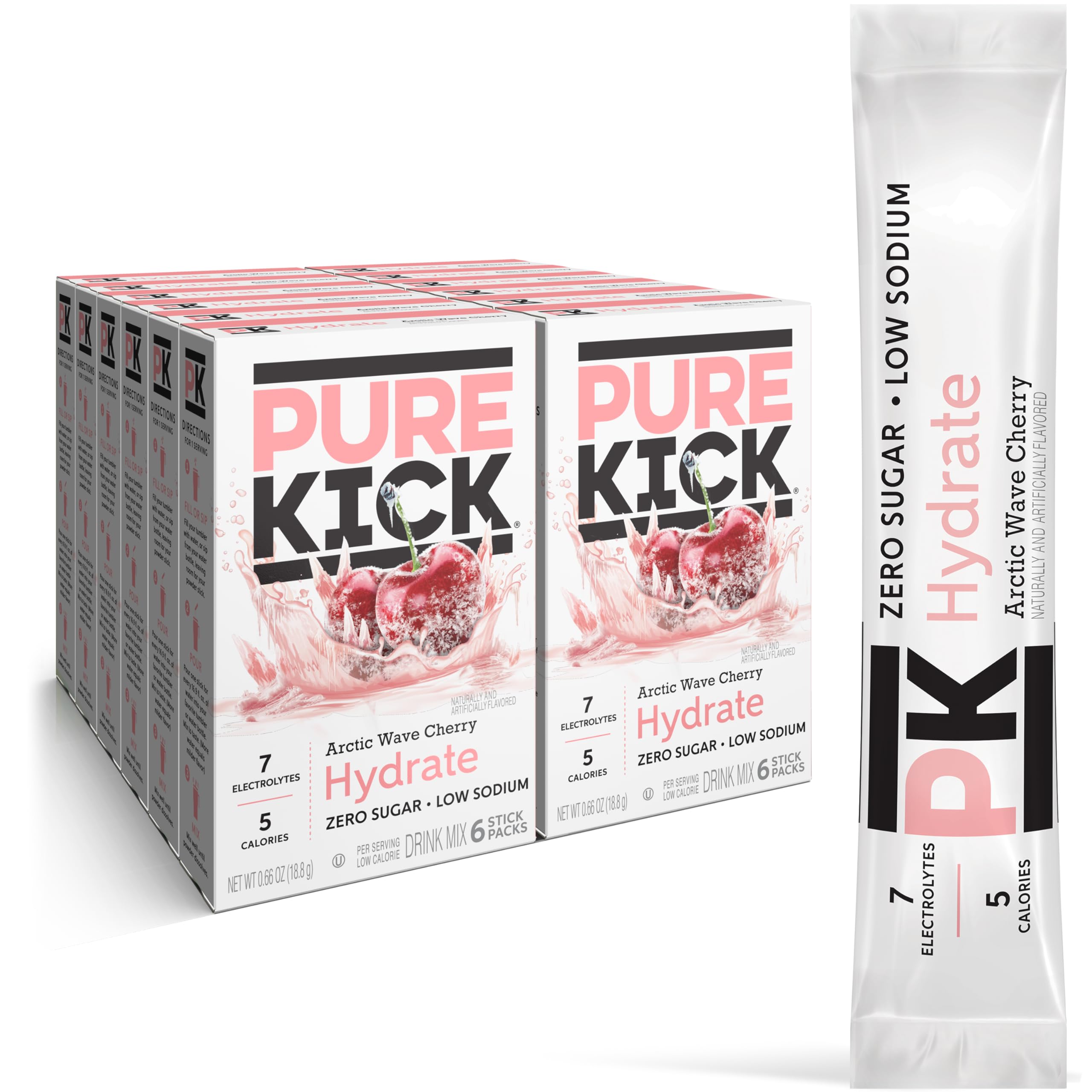 PURE KICK front packaging showing 72 Arctic Wave Cherry sticks and benefits