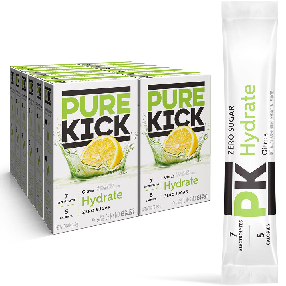 PURE KICK front packaging showing citrus packets and benefits