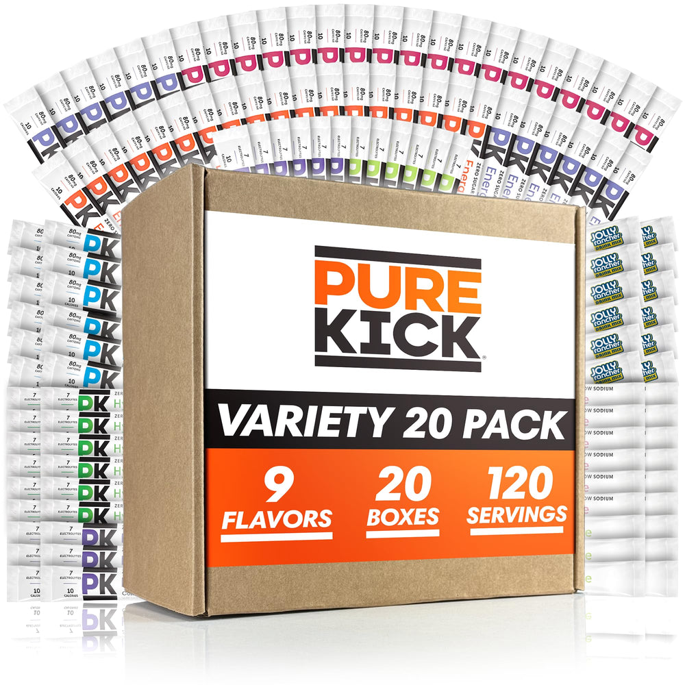 PURE KICK front packaging showing variety pack and flavors, clear convenience benefit